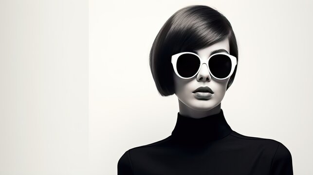 Fototapeta The image of a woman with glasses is a black and white photograph that creates a retro vibe reminiscent of the 1960s.