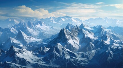 Obraz premium Aerial view of a mountain range showing rugged terrain and snow capped peaks.