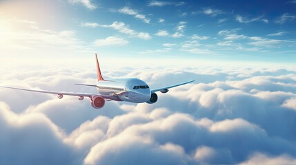 The plane flies above the clouds. - obrazy, fototapety, plakaty
