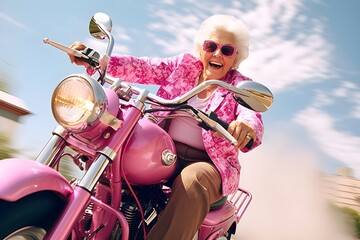 ピンクのバイクに乗っているおばあちゃん - obrazy, fototapety, plakaty