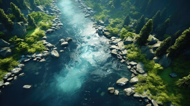 Aerial view of a river flowing through a dense forest depicting the flow of water.