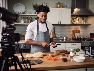 Fototapeta na wymiar Generative AI : Baking process. Young cooking man speaker talking on digital camera recording vlog. 
