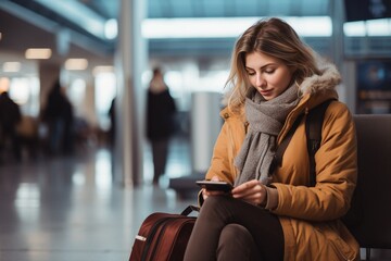 Generative AI : Women sitting on travel bag with iphone in the airport
