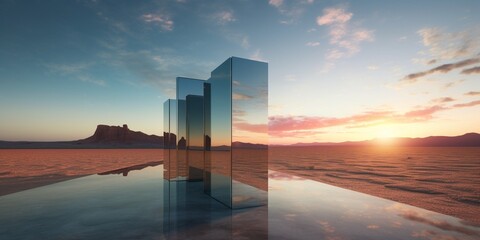 Generative AI : Urban Oasis: Cubical Mirror Wall Reflecting Desert Sunset & Skyscrapers