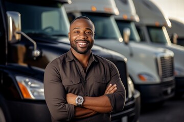 Generative AI : An African truck driver stood resting and smiling happily beside the truck. at the container warehouse