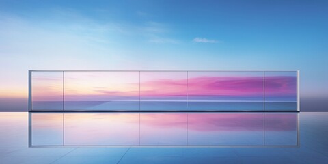 Generative AI : 3d render, abstract minimalist geometric background. Surreal violet sunset landscape with hills, round glass shape and reflection in the mirror water surface. Futuristic aesthetic wall
