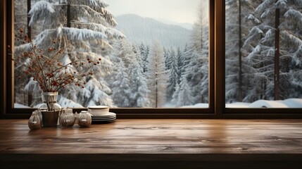 雪景色か見える室内からの景色