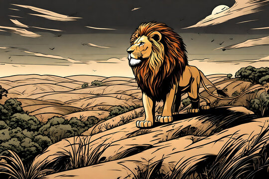 The lion, the king of the jungle, is walking on a hill while looking for prey in his territory. Comic style Generative AI