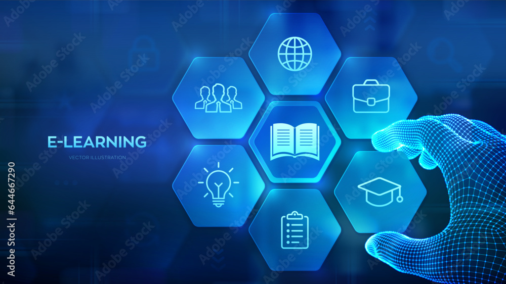 Poster e-learning. innovative online education concept. webinar, teaching, online training courses. skill d