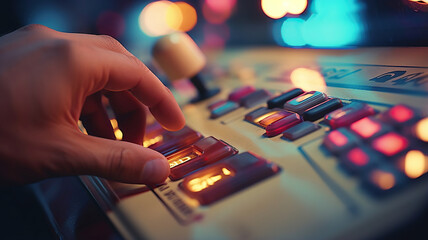 Hands of a player gripping the joystick and buttons on an arcade machine