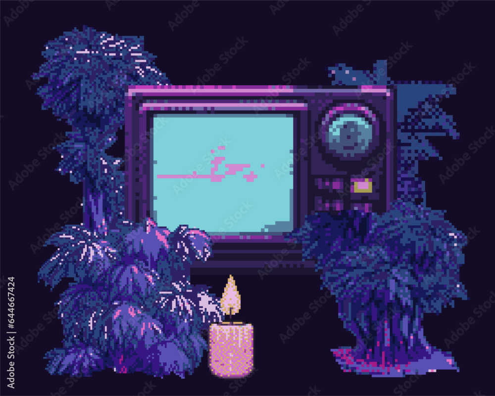 Poster pixel art icon of an old retro tv or a computer surrounded by fern leaves on a dark background. surr