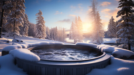 An outdoor jacuzzi in a winter setting, with steam rising amidst snowy surroundings - obrazy, fototapety, plakaty