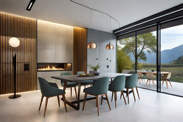 Modern dining room interior with concrete and wood walls, wooden table with round chairs near it, skylight and fireplace. Modern dining room. 3d rendering