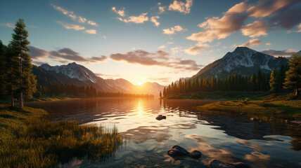 Fototapeta na wymiar the sunset reflection on calm lakes within the valley
