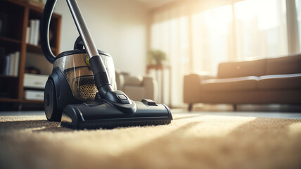 An individual is operating a vacuum cleaner for carpet cleaning