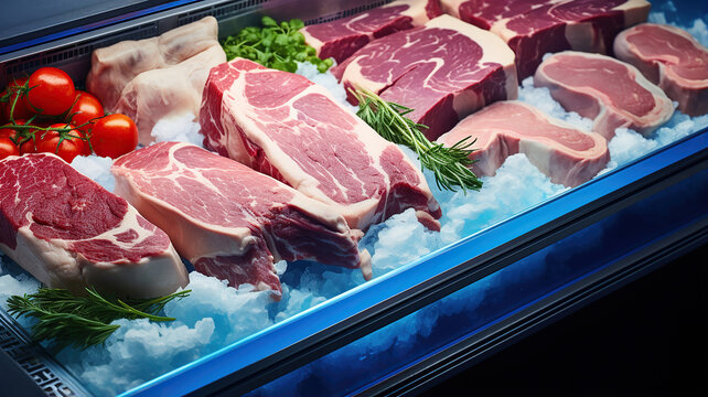 A refrigerated display case for meat in the supermarket, showcasing well-organized frozen cuts