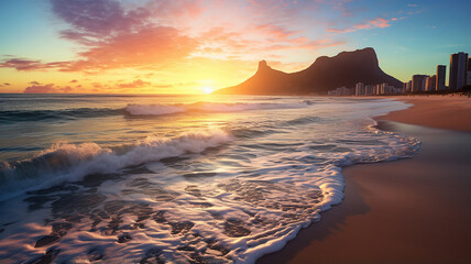 The sunrise over Copacabana Beach, casting a warm glow on the sand and water