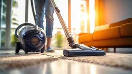 An individual is operating a vacuum cleaner for carpet cleaning