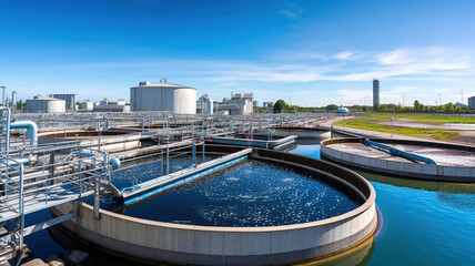 Wastewater treatment plants handle the processing and treatment of sewage as well as industrial effluents - obrazy, fototapety, plakaty