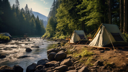 Camping tents set up beneath tall forest trees, creating a serene scene