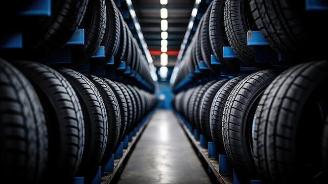 Well organized stacks of tires arranged on the tire rack