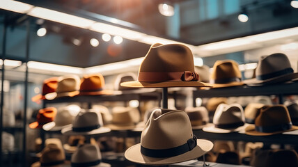 A collection of chic hats in different styles and sizes is showcased within the store display
