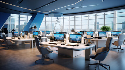 Fototapeta na wymiar a spacious open workspace with modern desks and collaborative areas