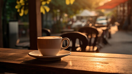 A coffee cup resting on the table at a charming coffee shop by the road - obrazy, fototapety, plakaty