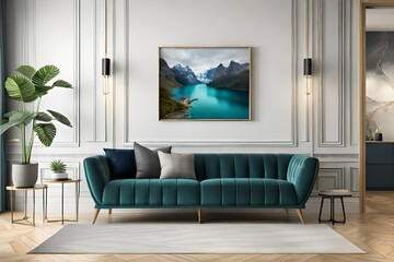Mockup frame close up in modern living room interior, 3d render. Modern living room