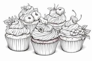 Generative AI : Delicious cupcake with raspberries, chocolate, mint and powder.Tasty dessert.Coloring book antistress for children and adults. Outline style. Black and white drawing