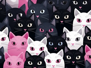 Generative AI : Enchanting Cats: Pink-Eyed Felines in Dark & Light Gray Wallpaper