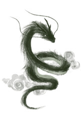かっこいい筆絵の龍のイラスト（深緑色で雲あり）