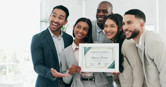 Business people, woman and certificate in office, presentation or teamwork for performance, goal or success. African CEO, happy employee group and diploma for achievement, thanks or award at workshop