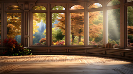 A great room with tall glass windows looking out onto a yard filled with autumn dressed trees
