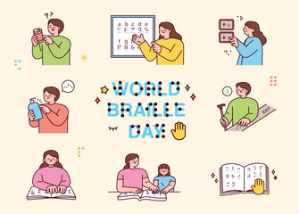 Fototapeta na wymiar Blind people learning and reading Braille. The necessity of Braille in daily life. Cute style illustration with outlines.
