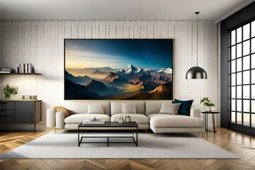 poster mock up on interior hipster background, 3D render. modern living room