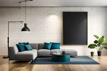 poster mock up on interior hipster background, 3D render. modern living room