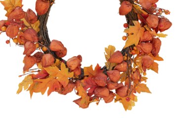autumn wreath of artificial red leaves and autumn fruits. Isolate on white.