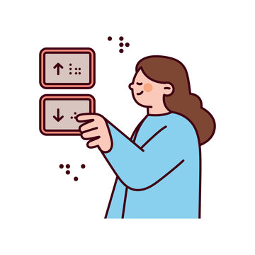 A woman is reading the Braille on an elevator button.