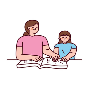 A teacher is teaching Braille to a child. They are putting their fingers on the book together.