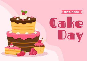 National Cake Day Vector Illustration on Holiday Celebrate November 26 with Sweet Bread in Flat Cartoon Pink Background Design Template