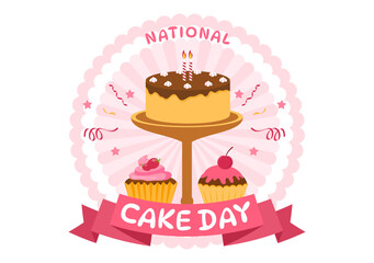 National Cake Day Vector Illustration on Holiday Celebrate November 26 with Sweet Bread in Flat Cartoon Pink Background Design Template