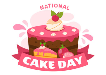 National Cake Day Vector Illustration on Holiday Celebrate November 26 with Sweet Bread in Flat Cartoon Pink Background Design Template