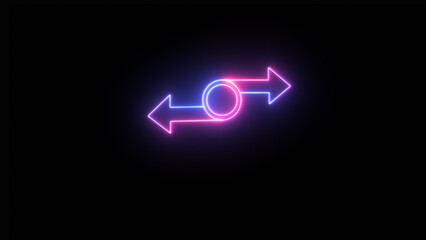 Black backdrop with neon light user interface icon. 3D rendering with right and left arrows for example.