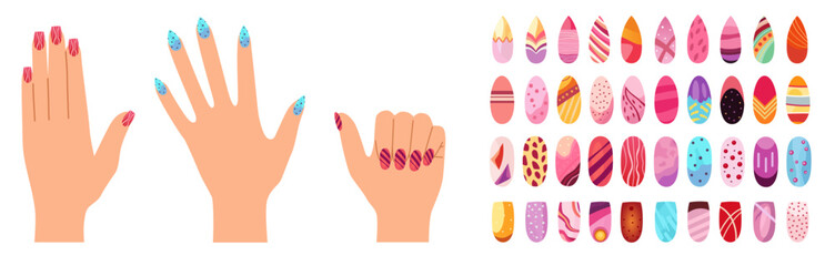 Ideas of nails design art. Bright colorful manicure set. Fashion manicure icons colorful cartoon style, shiny fingernail polish and spa beauty concept. Vector flat isolated set.