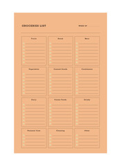 (Orange) groceries list workout tracker planner. Plan you food day easily. Vector illustration.