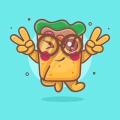 cool burrito food character mascot with peace sign hand gesture isolated cartoon in flat style design 