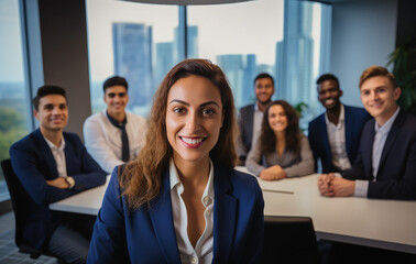 business people smiling in a conference room
