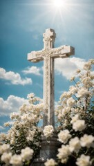 marble cross with flowers on a beautiful blue sky for wake