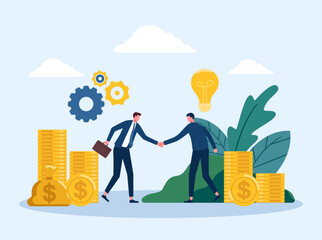 Two business partners handshaking flat vector illustration. Cartoon businessmen concluding agreement for success. Partnership, teamwork and negotiation concept, vector illustration